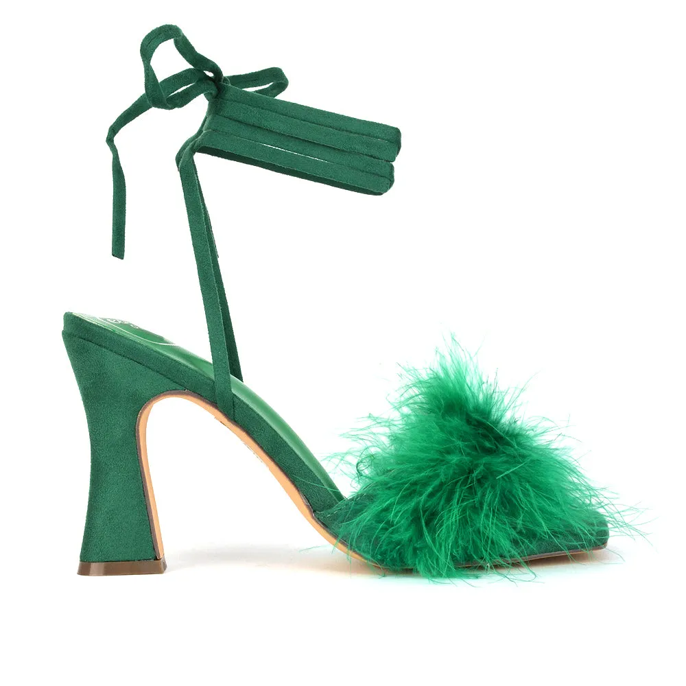 Lovelyn Fluffy Faux Fur Strappy Block Heel Lace Up Sandals in Black Faux Suede