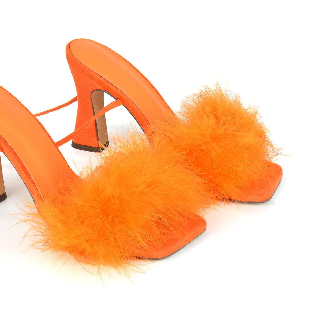 Lovelyn Fluffy Faux Fur Strappy Block Heel Lace Up Sandals in Black Faux Suede