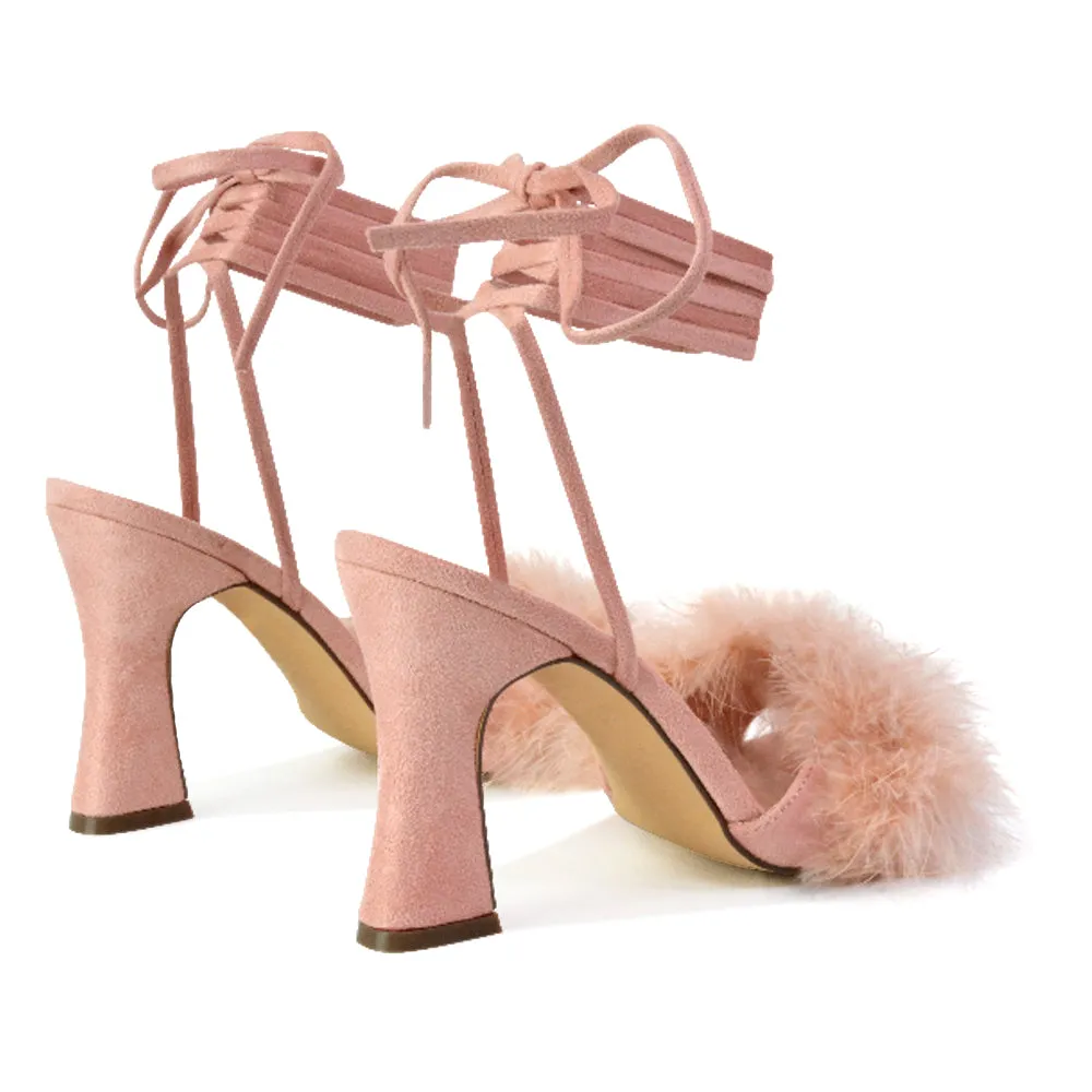 Lovelyn Fluffy Faux Fur Strappy Block Heel Lace Up Sandals in Black Faux Suede