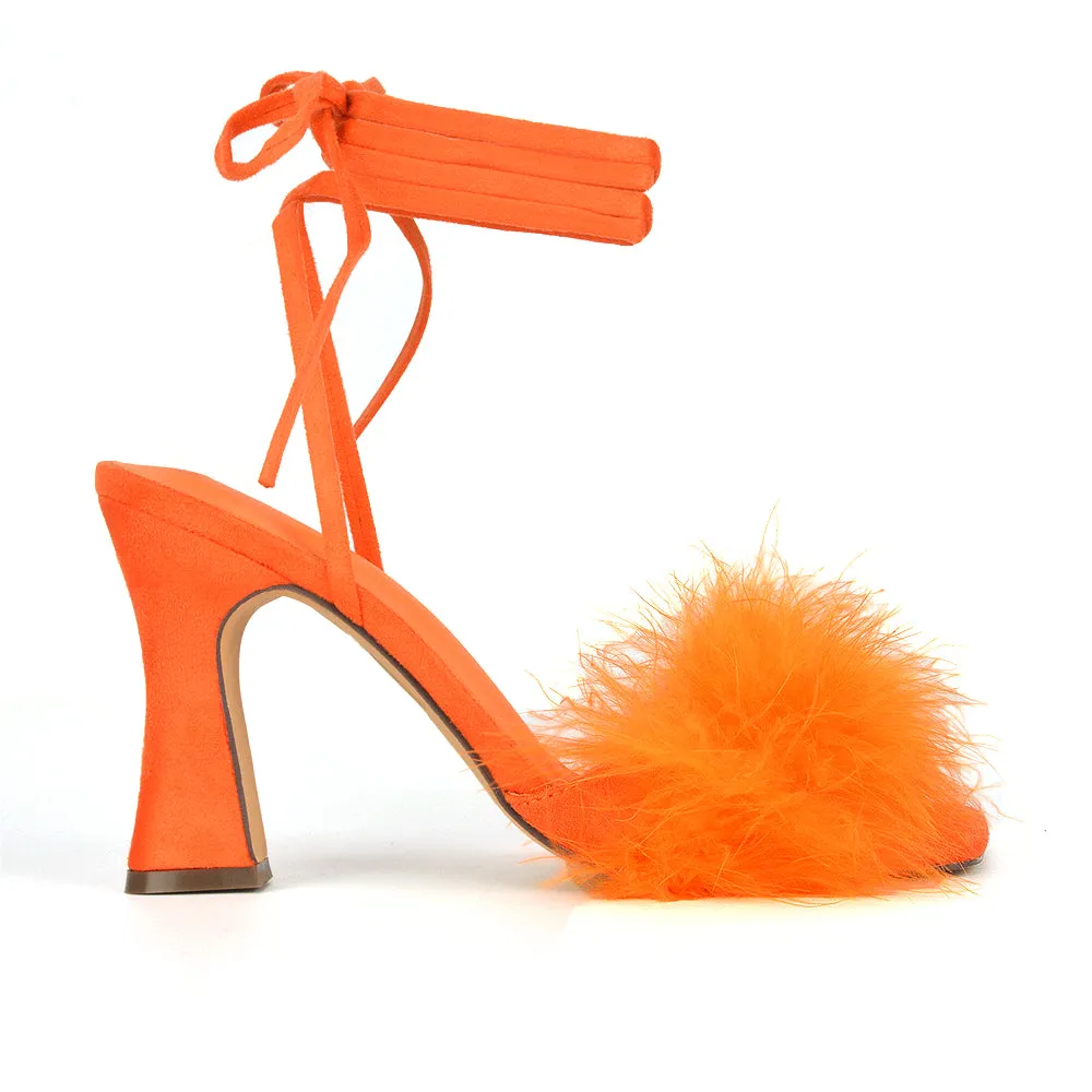 Lovelyn Fluffy Faux Fur Strappy Block Heel Lace Up Sandals in Black Faux Suede