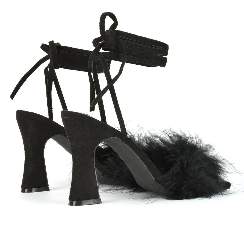 Lovelyn Fluffy Faux Fur Strappy Block Heel Lace Up Sandals in Black Faux Suede