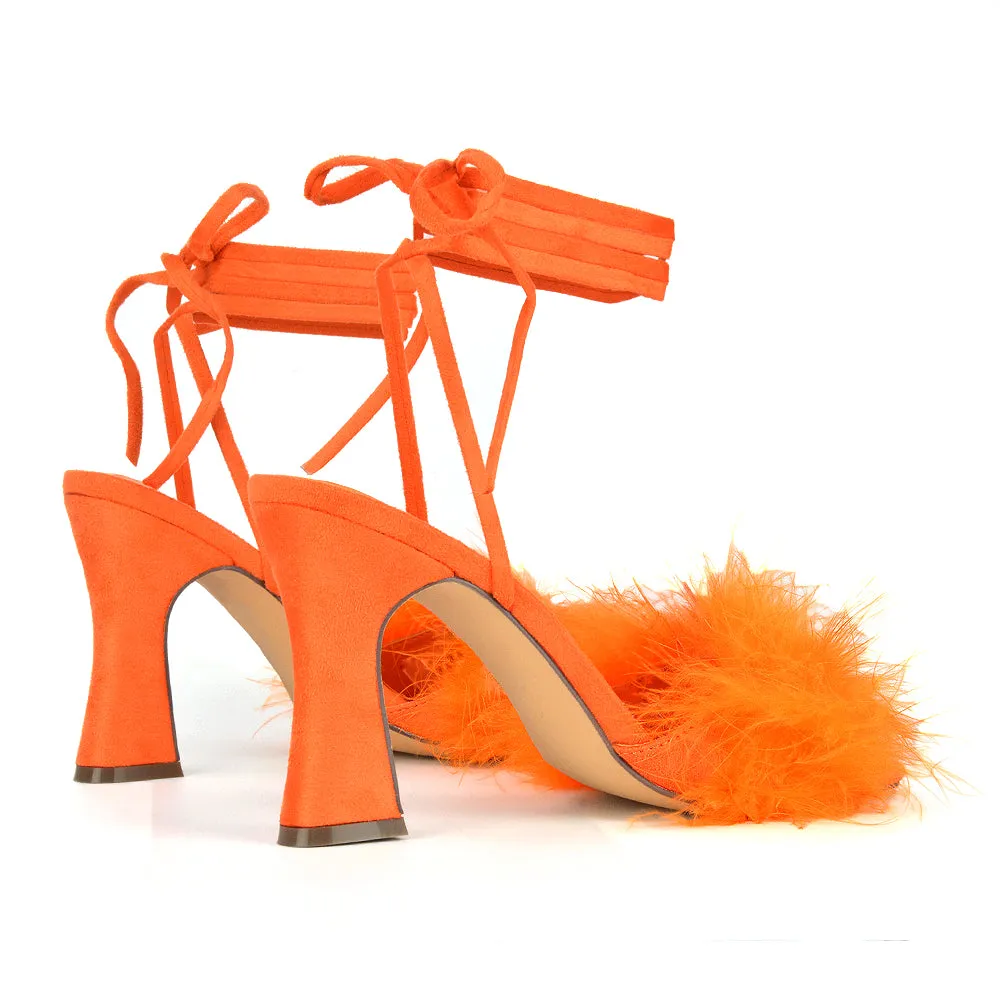 Lovelyn Fluffy Faux Fur Strappy Block Heel Lace Up Sandals in Black Faux Suede