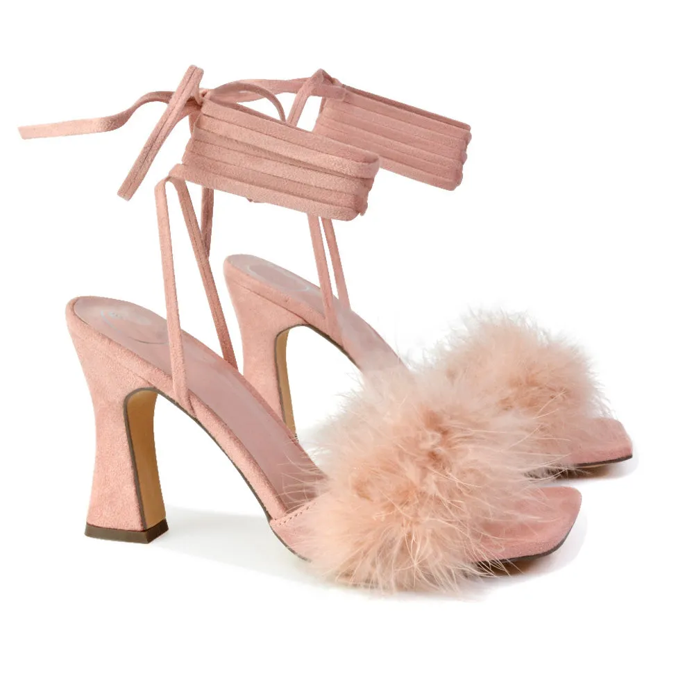 Lovelyn Fluffy Faux Fur Strappy Block Heel Lace Up Sandals in Black Faux Suede