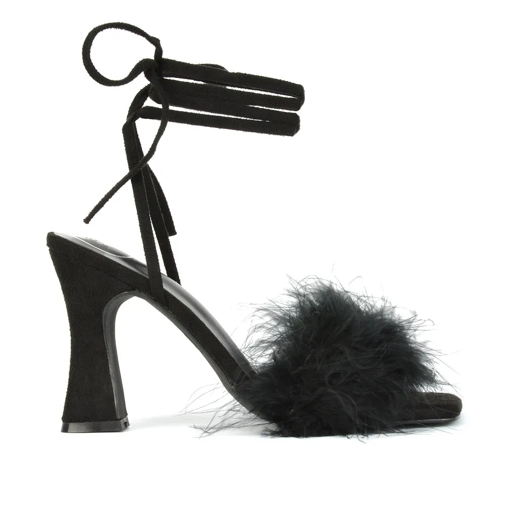 Lovelyn Fluffy Faux Fur Strappy Block Heel Lace Up Sandals in Black Faux Suede