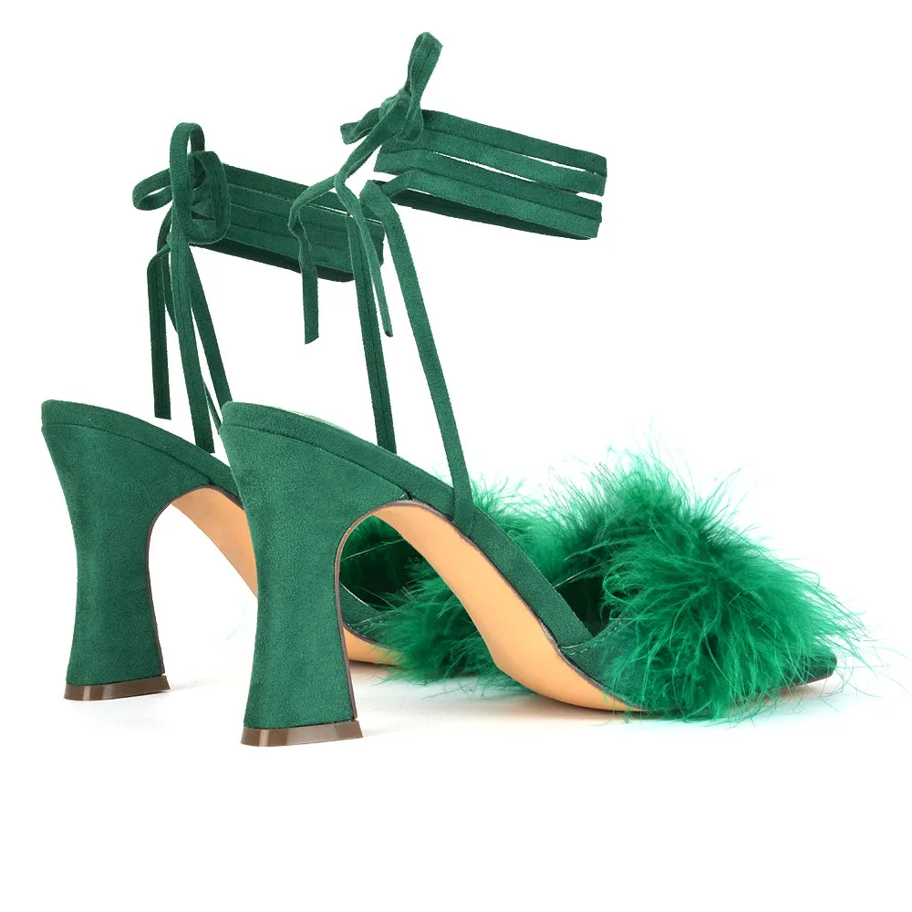 Lovelyn Fluffy Faux Fur Strappy Block Heel Lace Up Sandals in Black Faux Suede