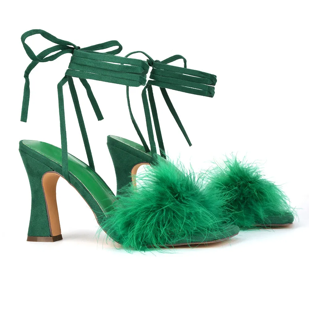 Lovelyn Fluffy Faux Fur Strappy Block Heel Lace Up Sandals in Black Faux Suede