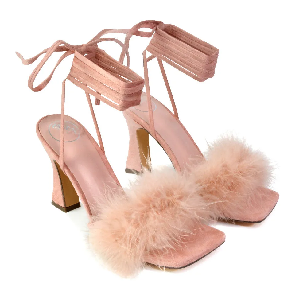 Lovelyn Fluffy Faux Fur Strappy Block Heel Lace Up Sandals in Black Faux Suede