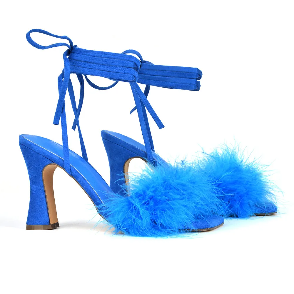 Lovelyn Fluffy Faux Fur Strappy Block Heel Lace Up Sandals in Black Faux Suede