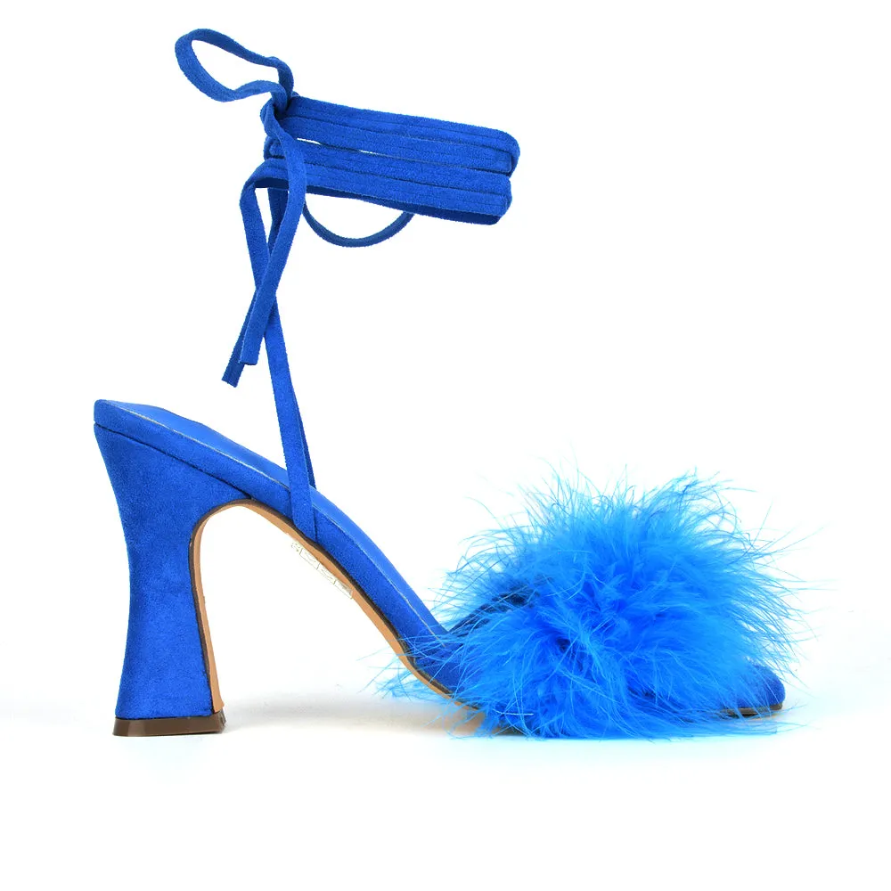 Lovelyn Fluffy Faux Fur Strappy Block Heel Lace Up Sandals in Black Faux Suede