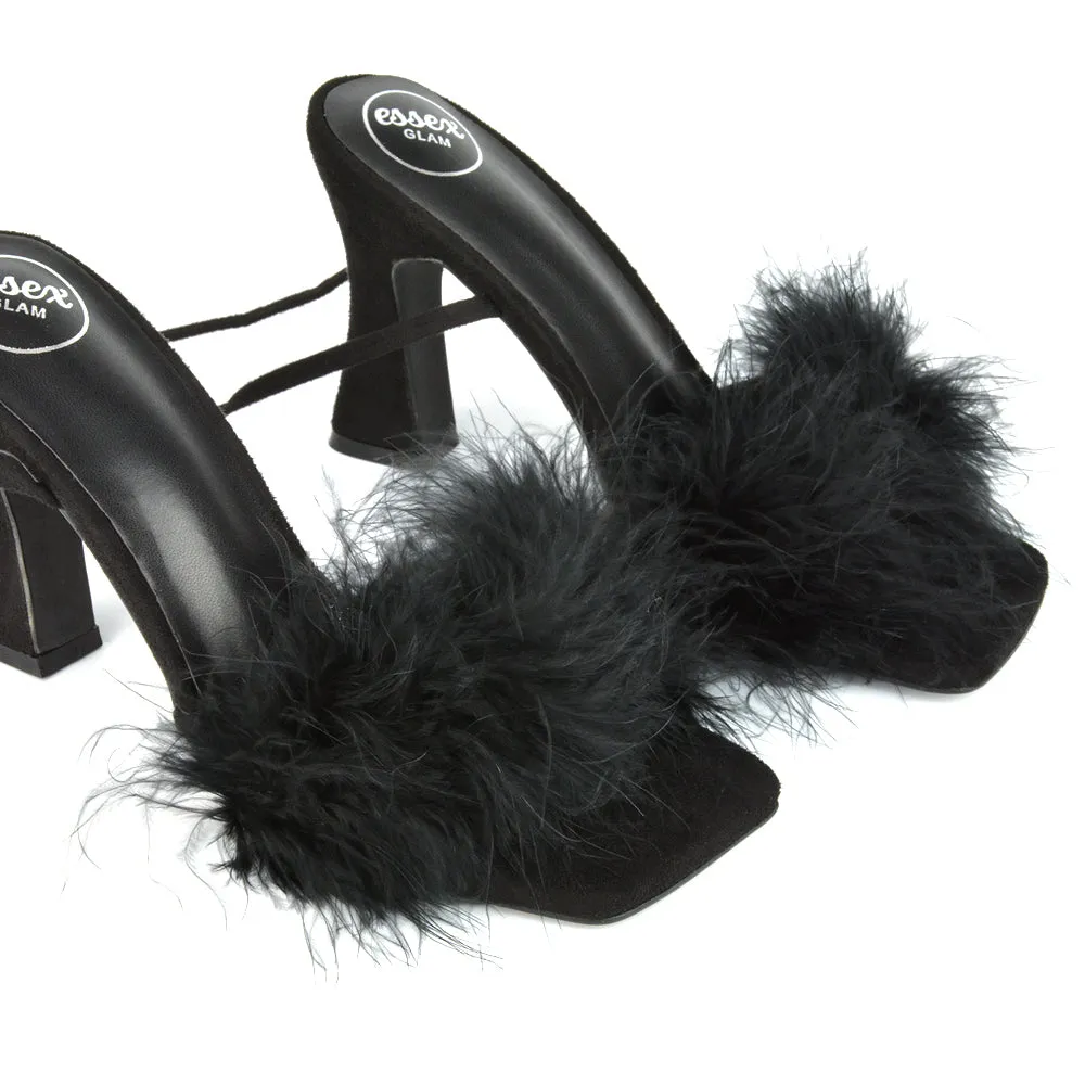 Lovelyn Fluffy Faux Fur Strappy Block Heel Lace Up Sandals in Black Faux Suede