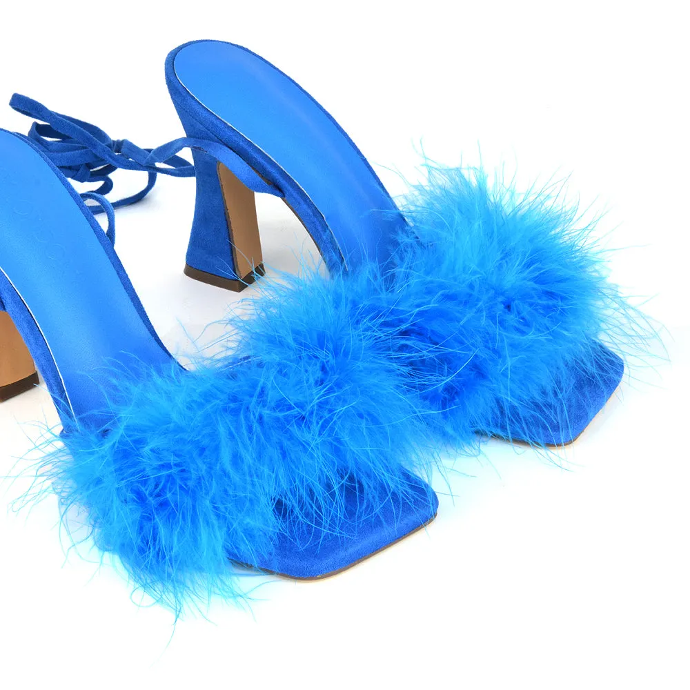 Lovelyn Fluffy Faux Fur Strappy Block Heel Lace Up Sandals in Black Faux Suede