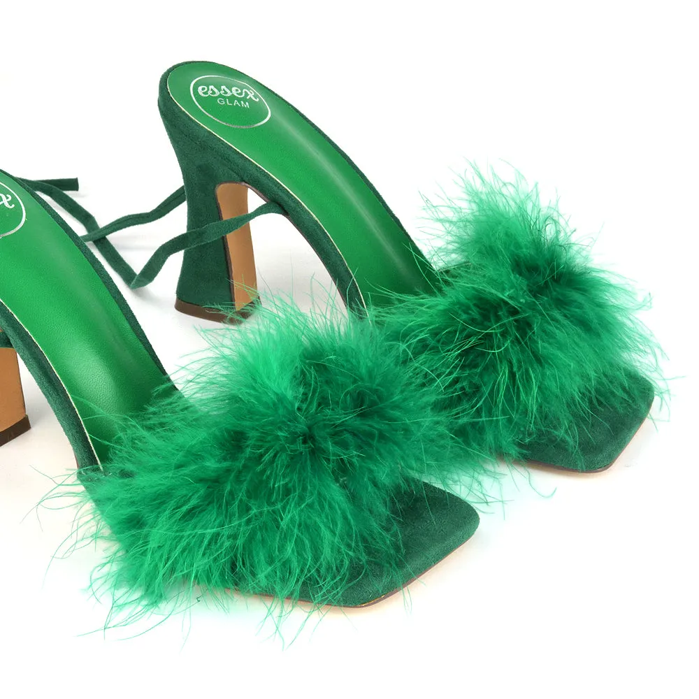 Lovelyn Fluffy Faux Fur Strappy Block Heel Lace Up Sandals in Black Faux Suede
