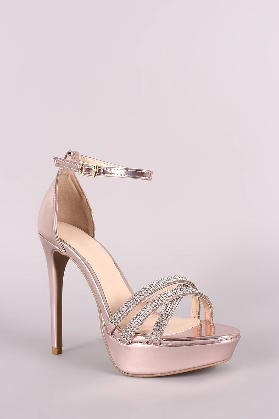 Qupid Metallic Rhinestone Ankle Strap Stiletto Platform Heel