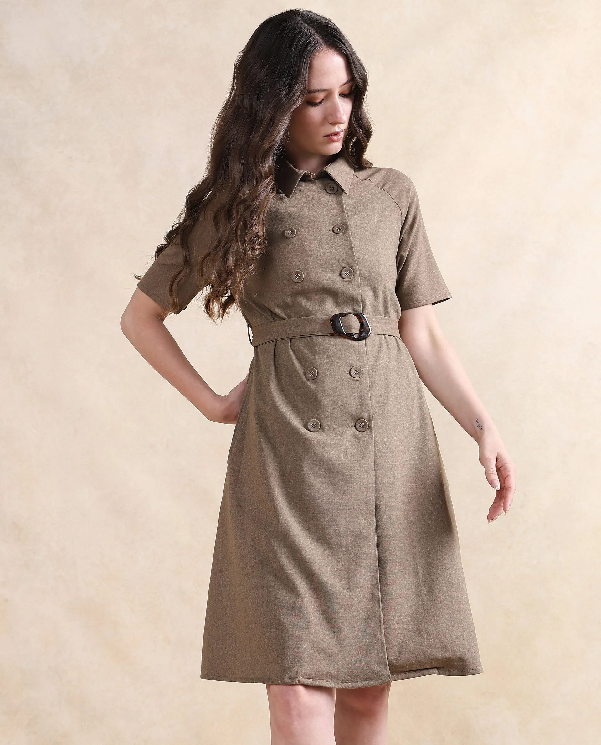 Rareism Women Crypty Dark Beige Regular Sleeves Collared Neck Button Closure A-Line Knee Length Plain Dress