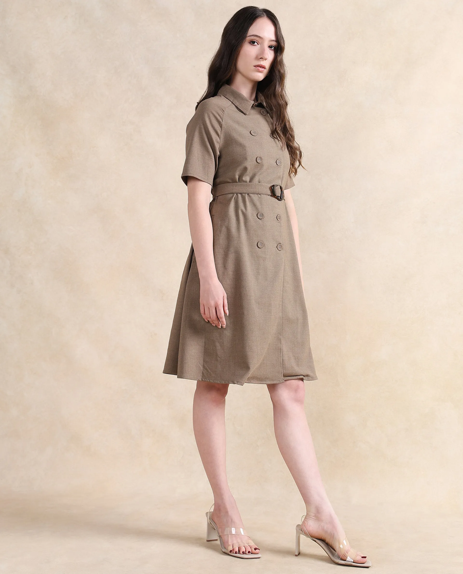 Rareism Women Crypty Dark Beige Regular Sleeves Collared Neck Button Closure A-Line Knee Length Plain Dress