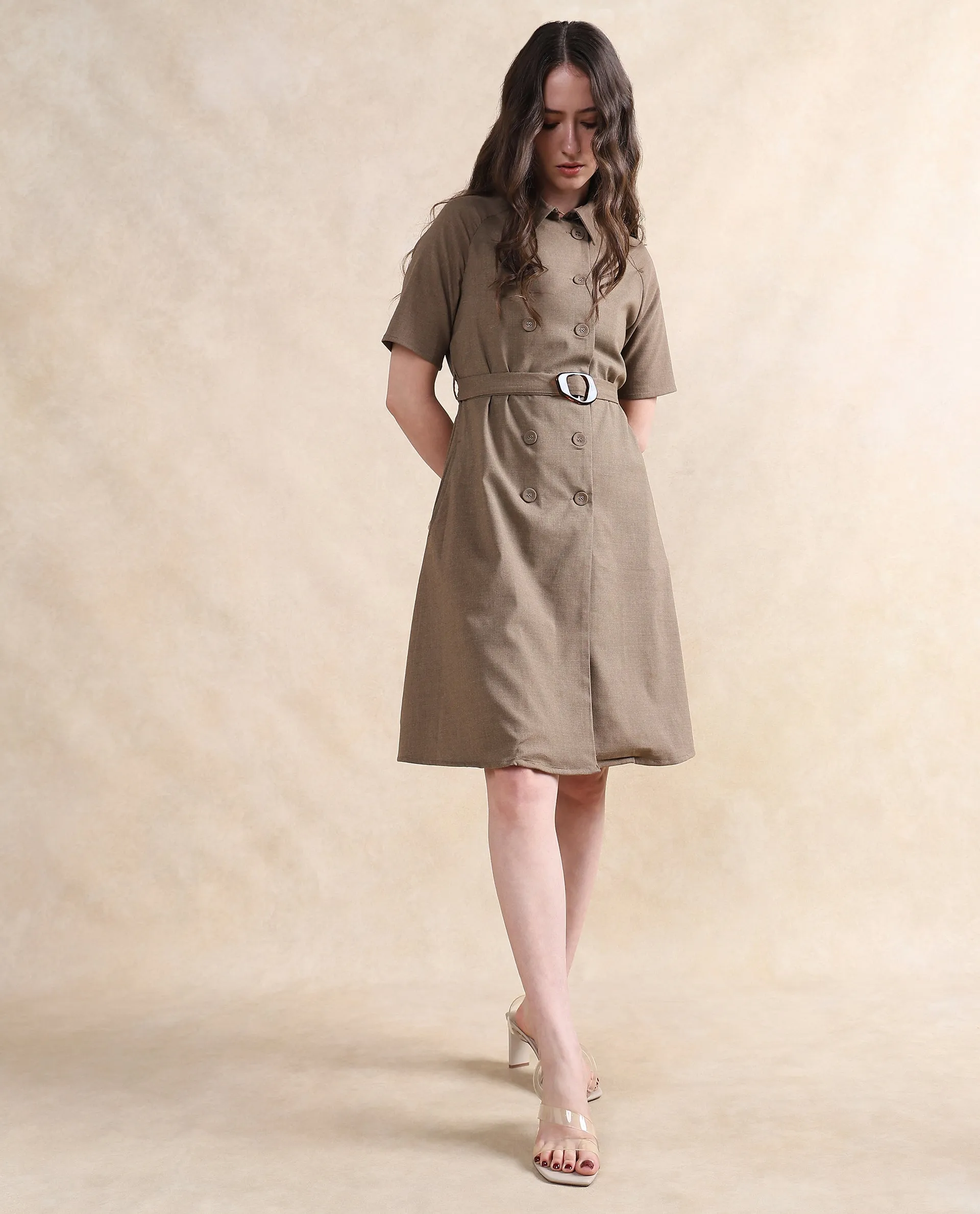 Rareism Women Crypty Dark Beige Regular Sleeves Collared Neck Button Closure A-Line Knee Length Plain Dress