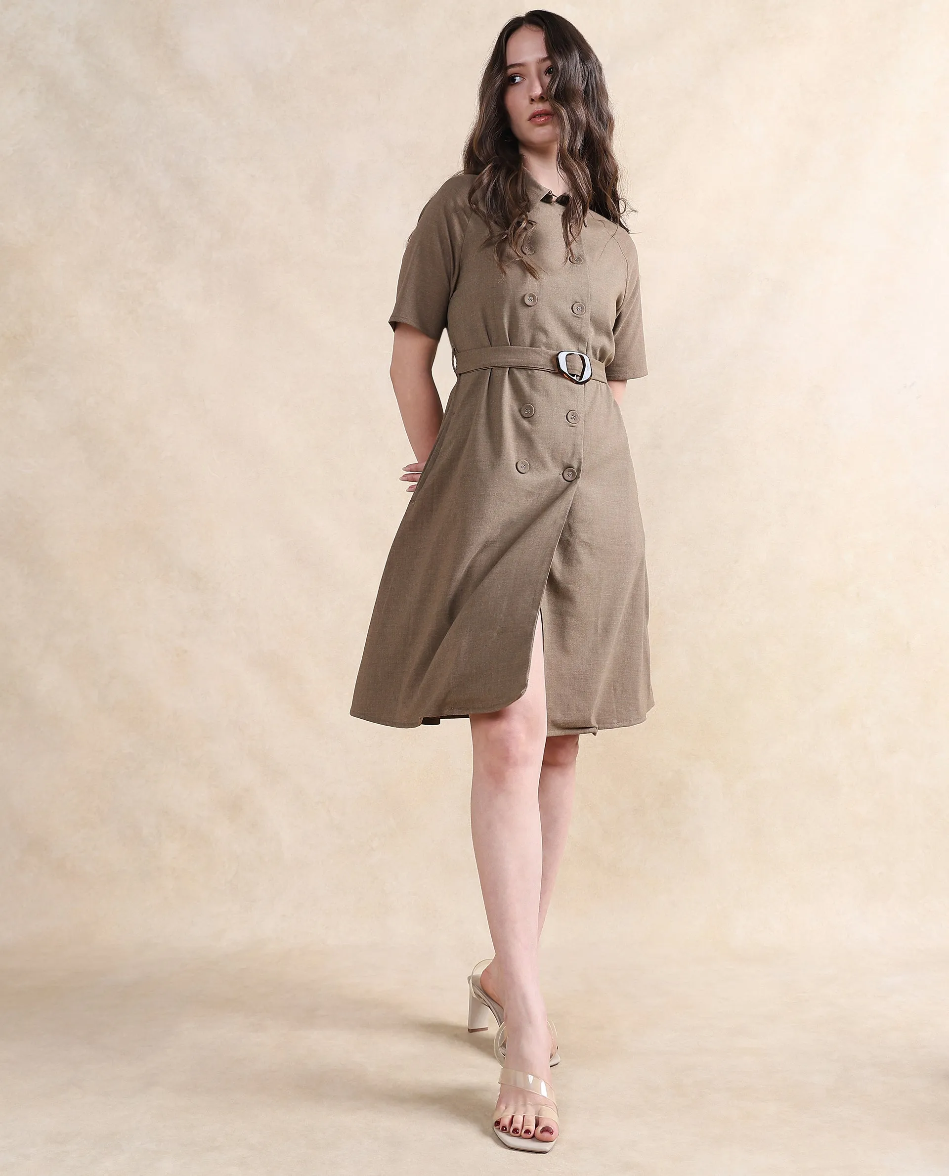 Rareism Women Crypty Dark Beige Regular Sleeves Collared Neck Button Closure A-Line Knee Length Plain Dress