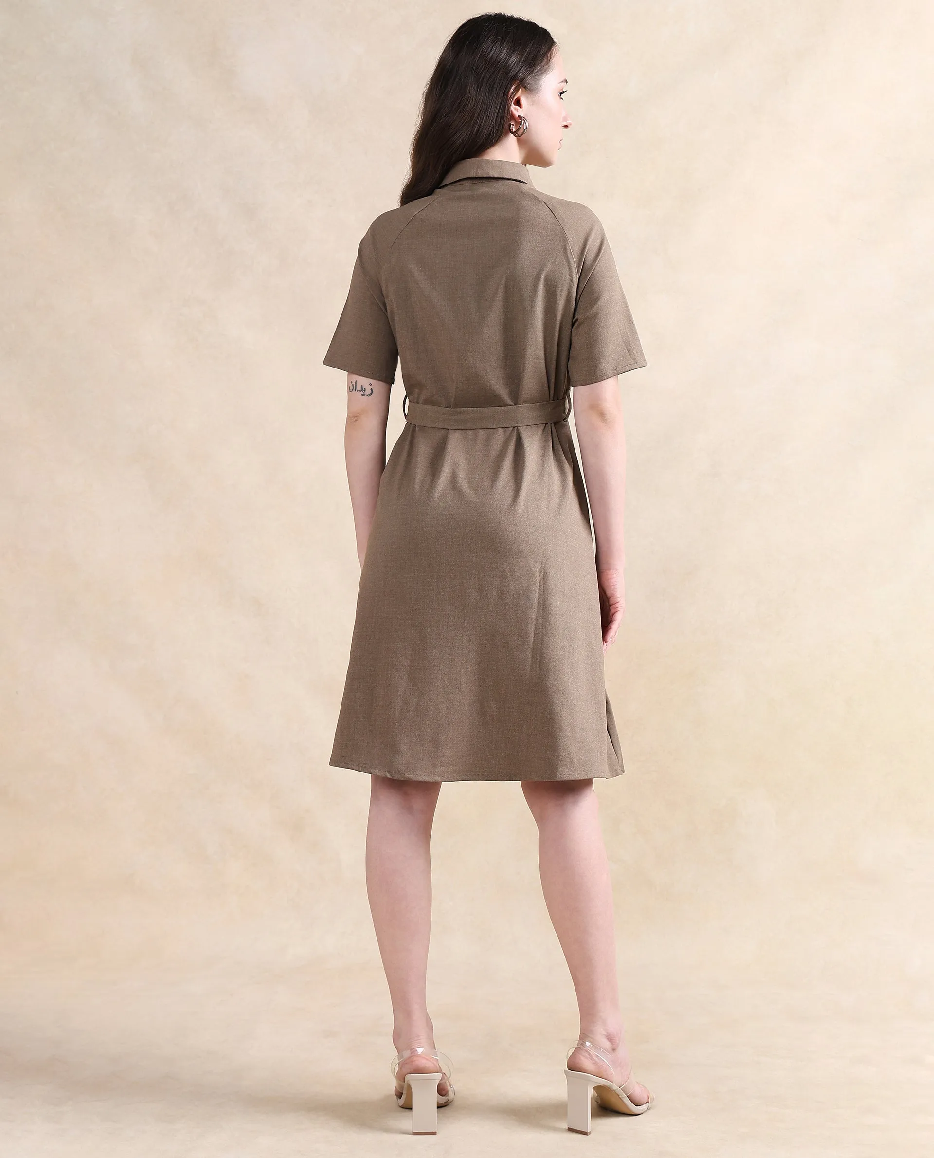 Rareism Women Crypty Dark Beige Regular Sleeves Collared Neck Button Closure A-Line Knee Length Plain Dress