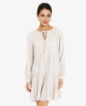 Rareism Women Tijuana Dusky Off White Bishop Sleeve Crew Neck Relaxed Fit Plain Knee Length Dress