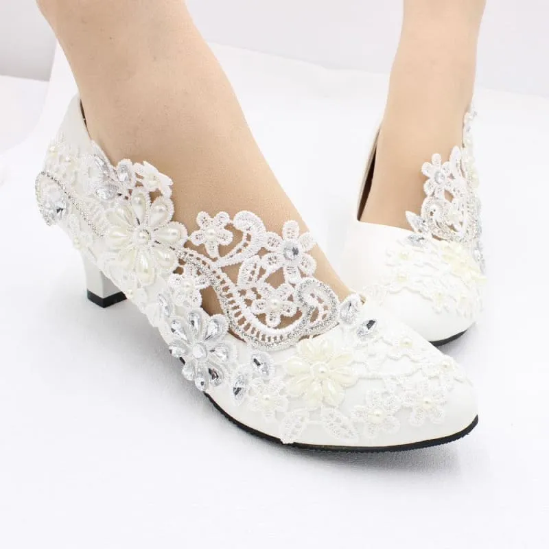 White Lace Rhinestone Wedding Shoes with Adjustable Heel Height