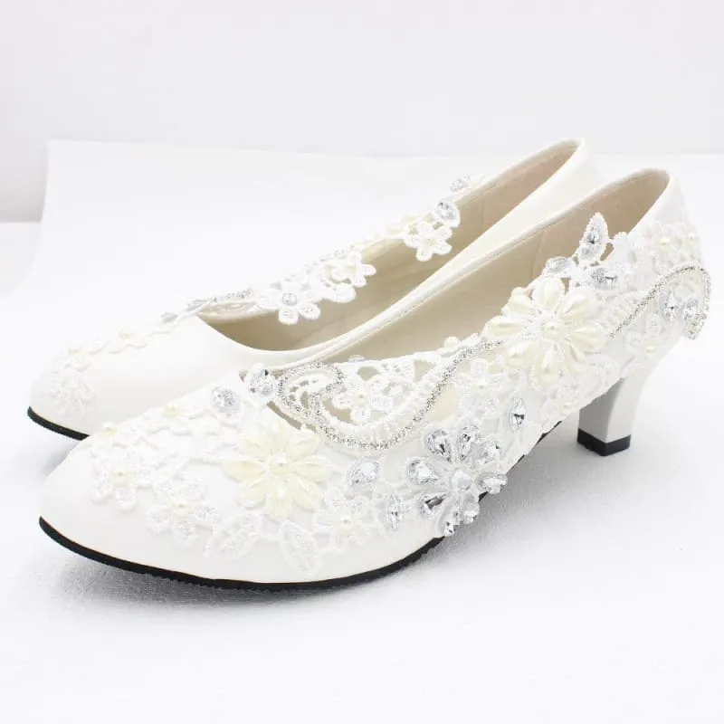 White Lace Rhinestone Wedding Shoes with Adjustable Heel Height
