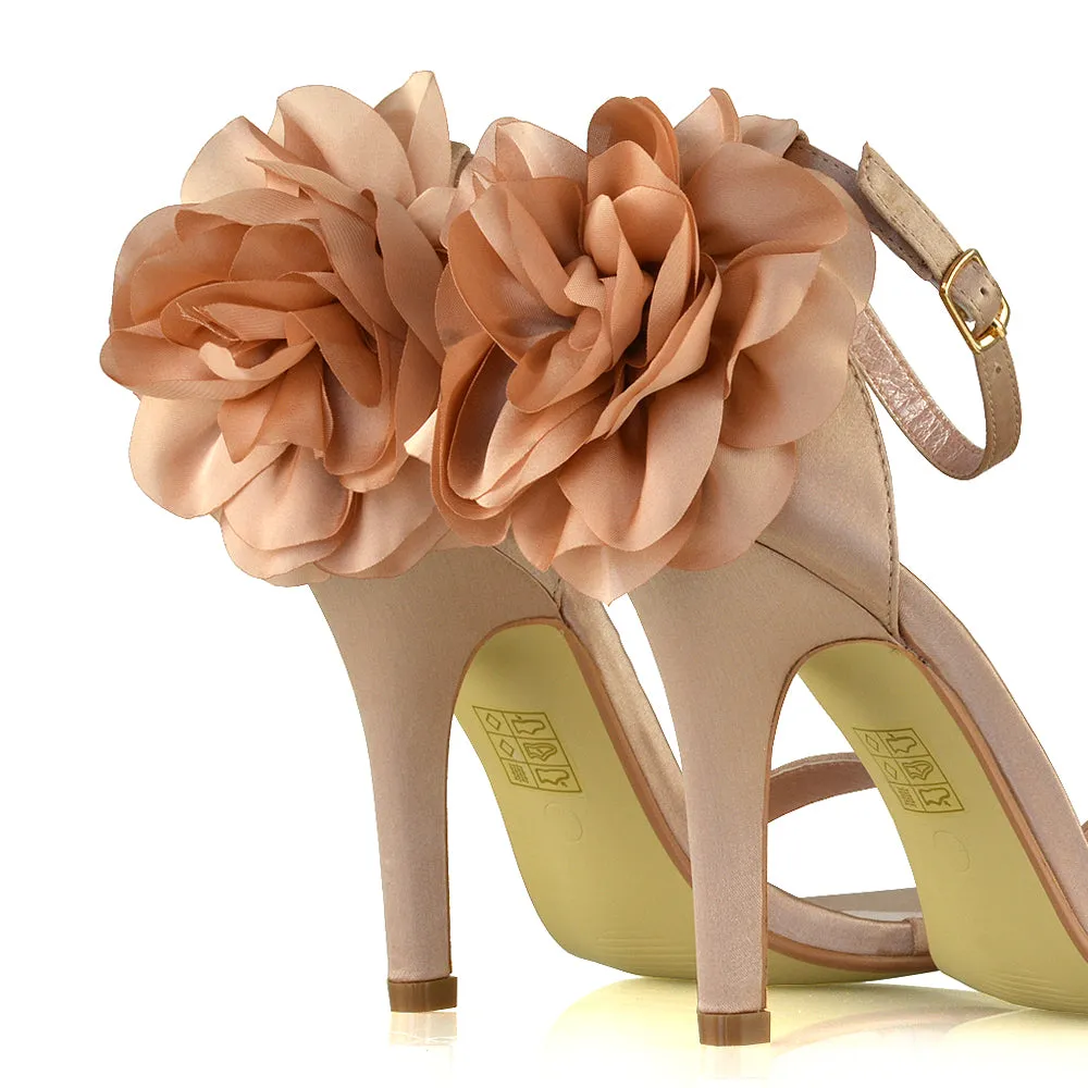 Zola Flower Detail Open Toe Buckle Strappy Bridal High Stiletto Heels in Champagne